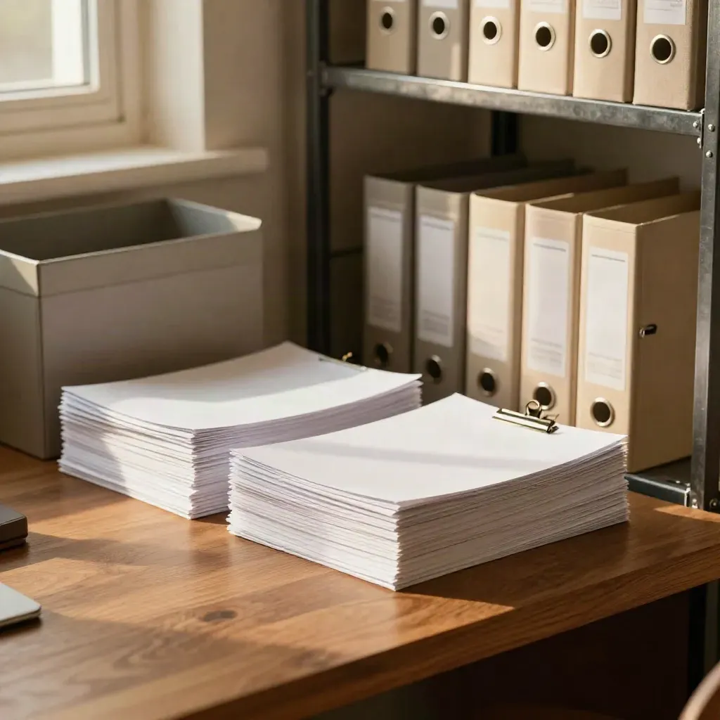Year-end payroll slips stacked beside an archive box in a warm office nook.