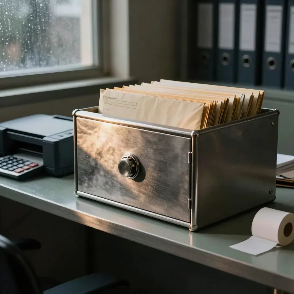 Payroll command shelf with lockbox, folders, envelopes, printer and calculator in rainy dawn light.