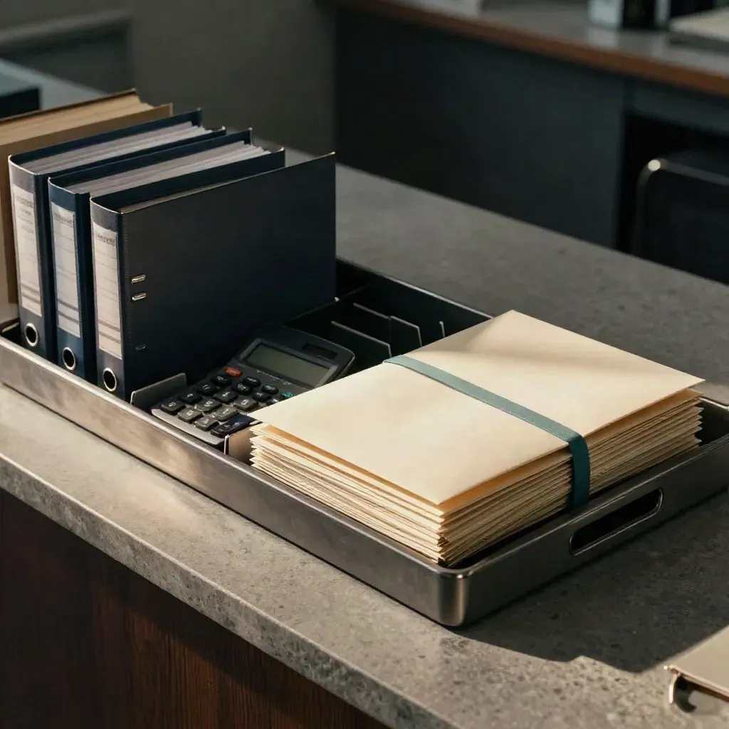 Archive tray of binders, calculator, and sealed envelope on a stone counter in dramatic payroll-office light.
