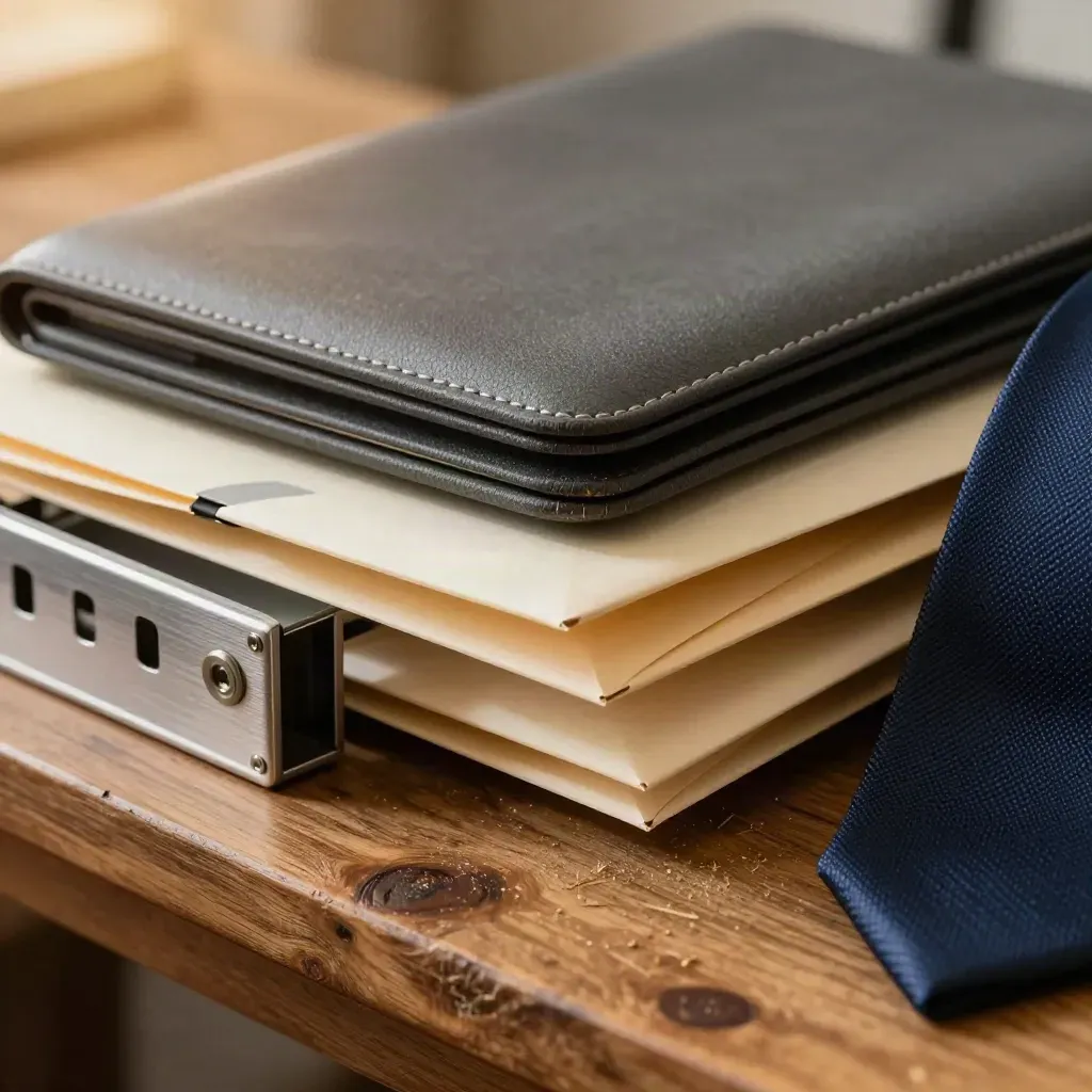 Macro of sealed payroll envelopes, laptop sleeves, and rack hardware on a wood bench.