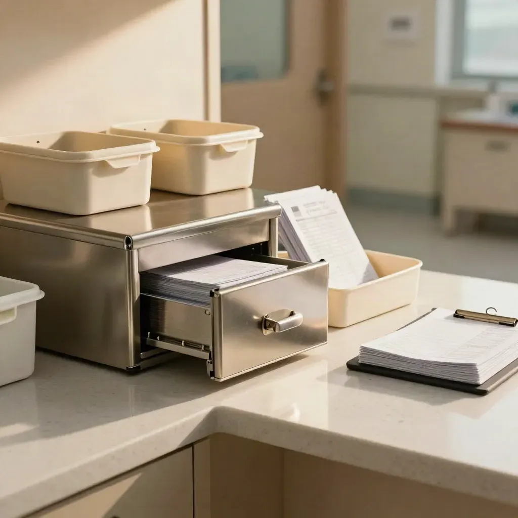 Clinic payroll counter with locked drawer, sterilization bins, and settling receipt tray.