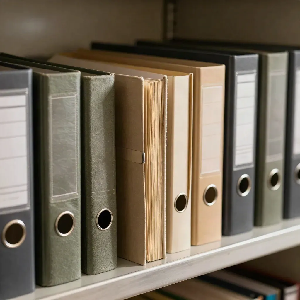 Extreme macro of payroll binders and tabbed dividers aligned on an archival shelf with a chrome clip