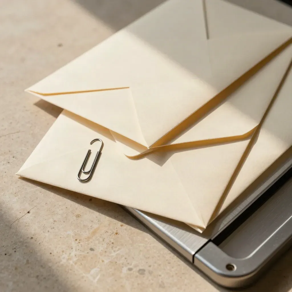 Overhead row of sealed payroll envelopes beside a tray lip and paper clip on stone.