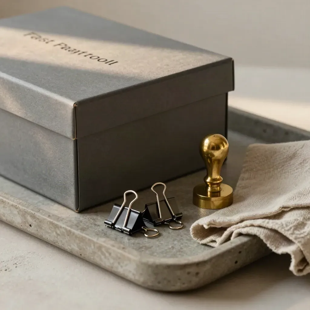 Archive box, binder clips, and brass stamp on a stone tray with linen cloth.