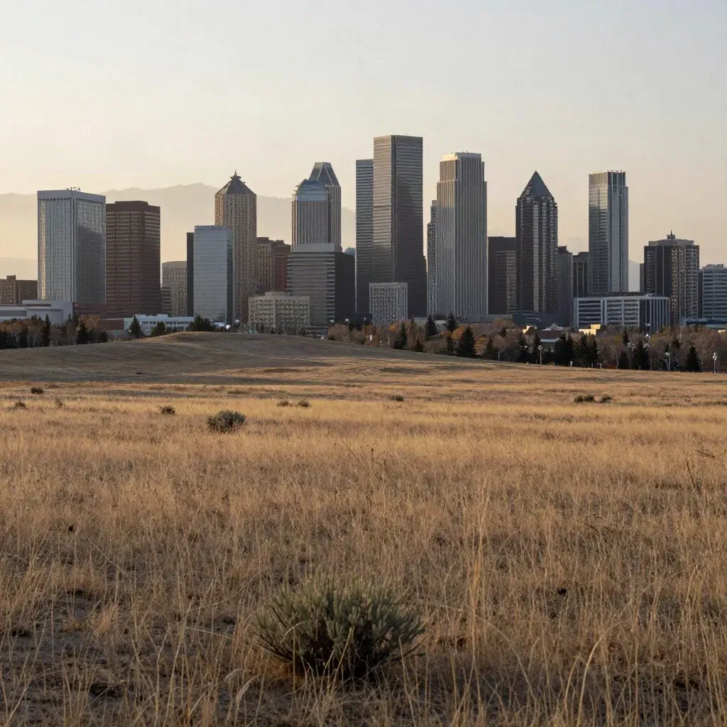 Calgary skyline over prairie grass and hazy mountains at golden hour