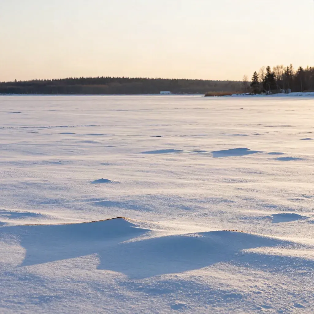 Golden winter horizon with distant trees and open snow for headline copy